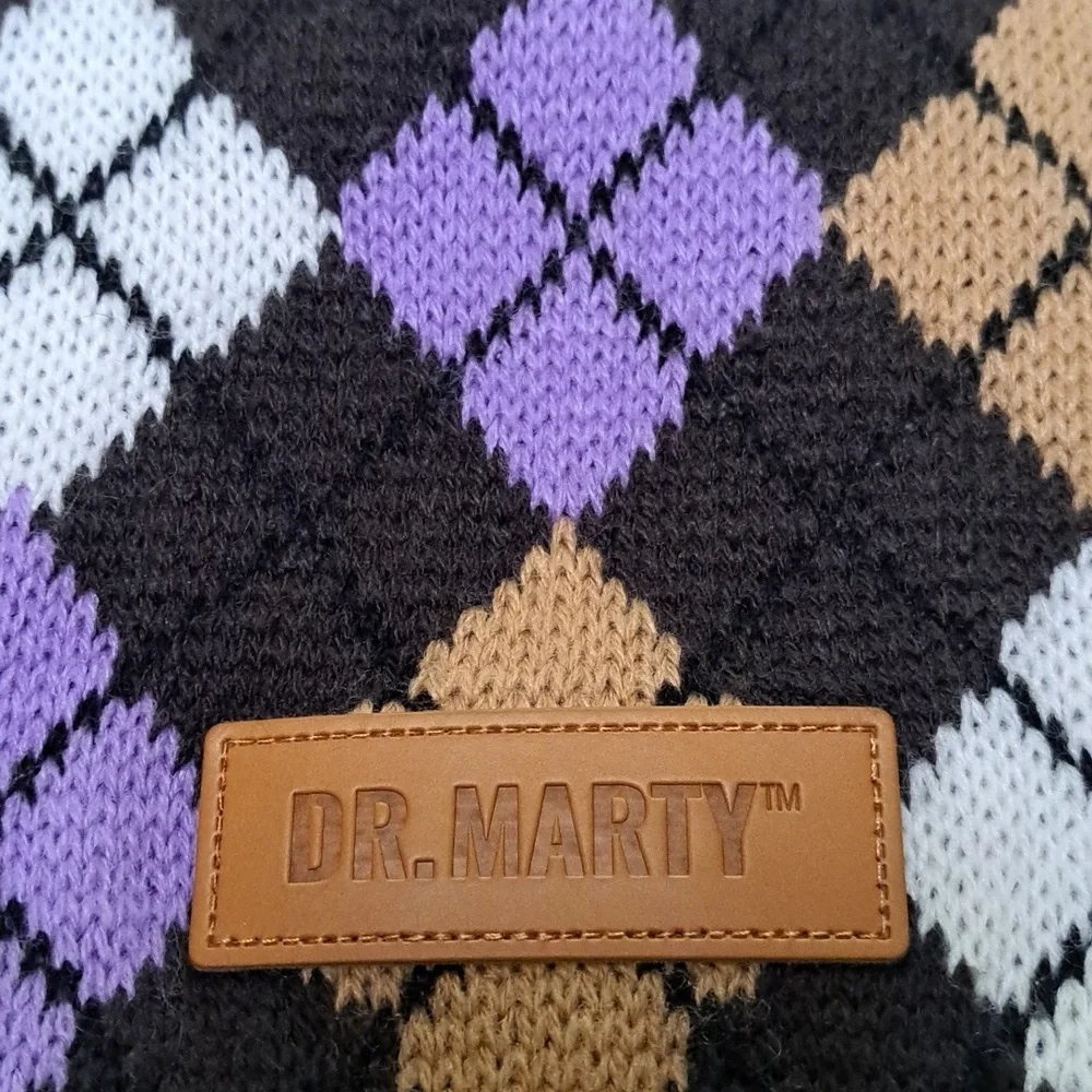 Dr Marty Knited Dog Argyle Sweater in Black, Purple, Tan & White Size Large